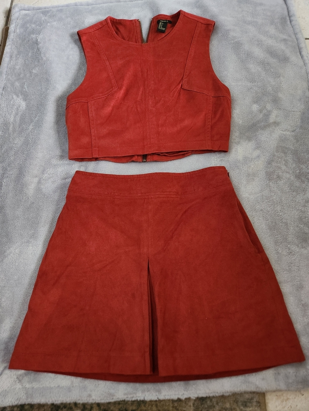 Forever 21 Red Suede-Look Crop Top and Mini Skirt Set